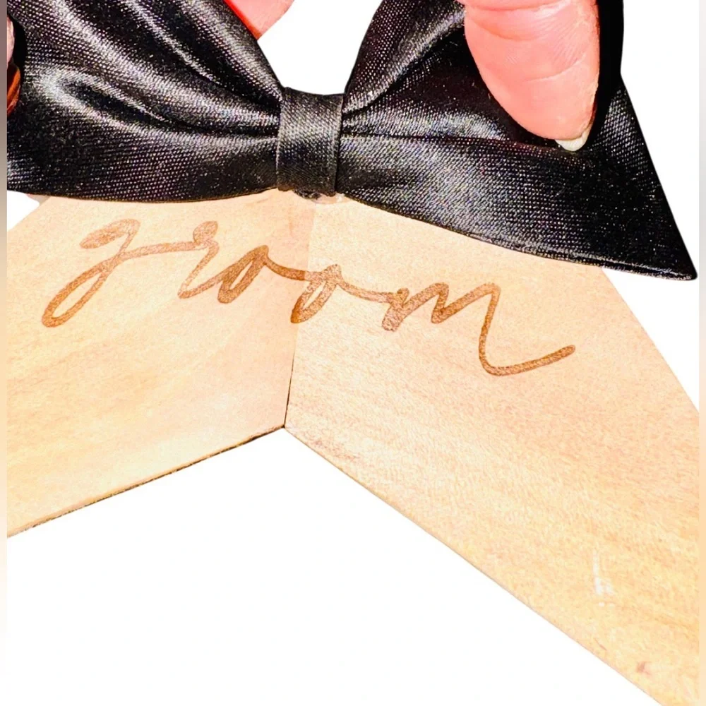 Bride and groom hangers for wedding set garments dress tuxedo ribbon engraved